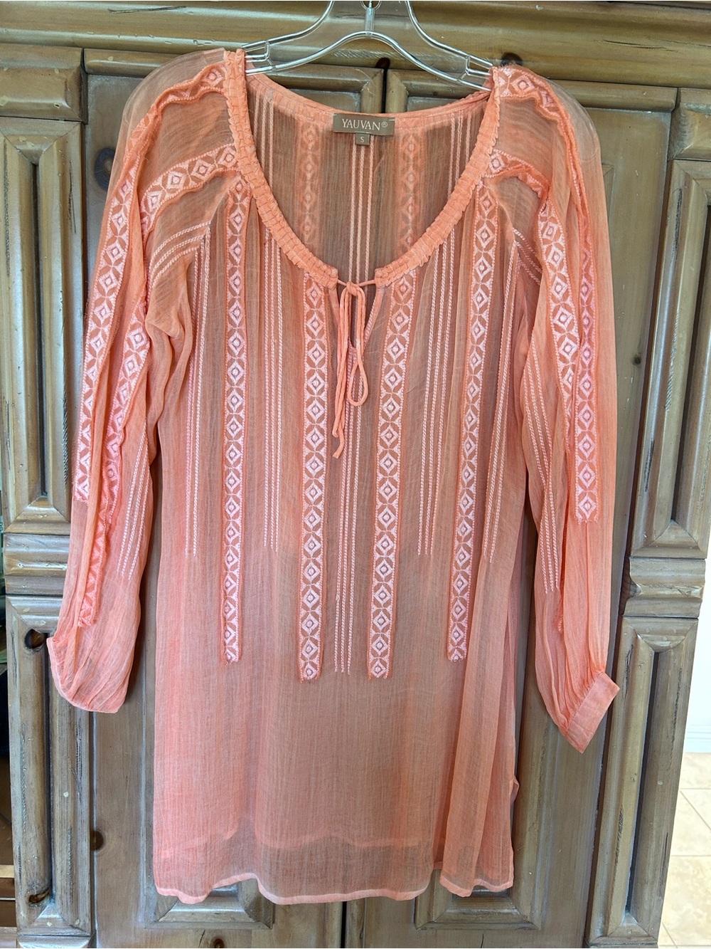 Sheer long sleeve coral cover up/tunic